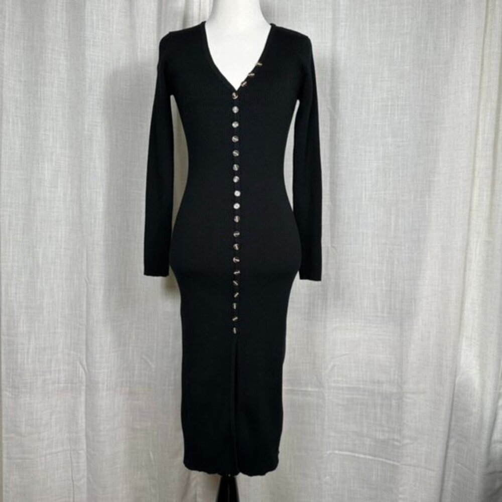 Bodycon Midi Sweater Dress XS‎ Black Stretchy Button Up Minimalist Dark Academia
